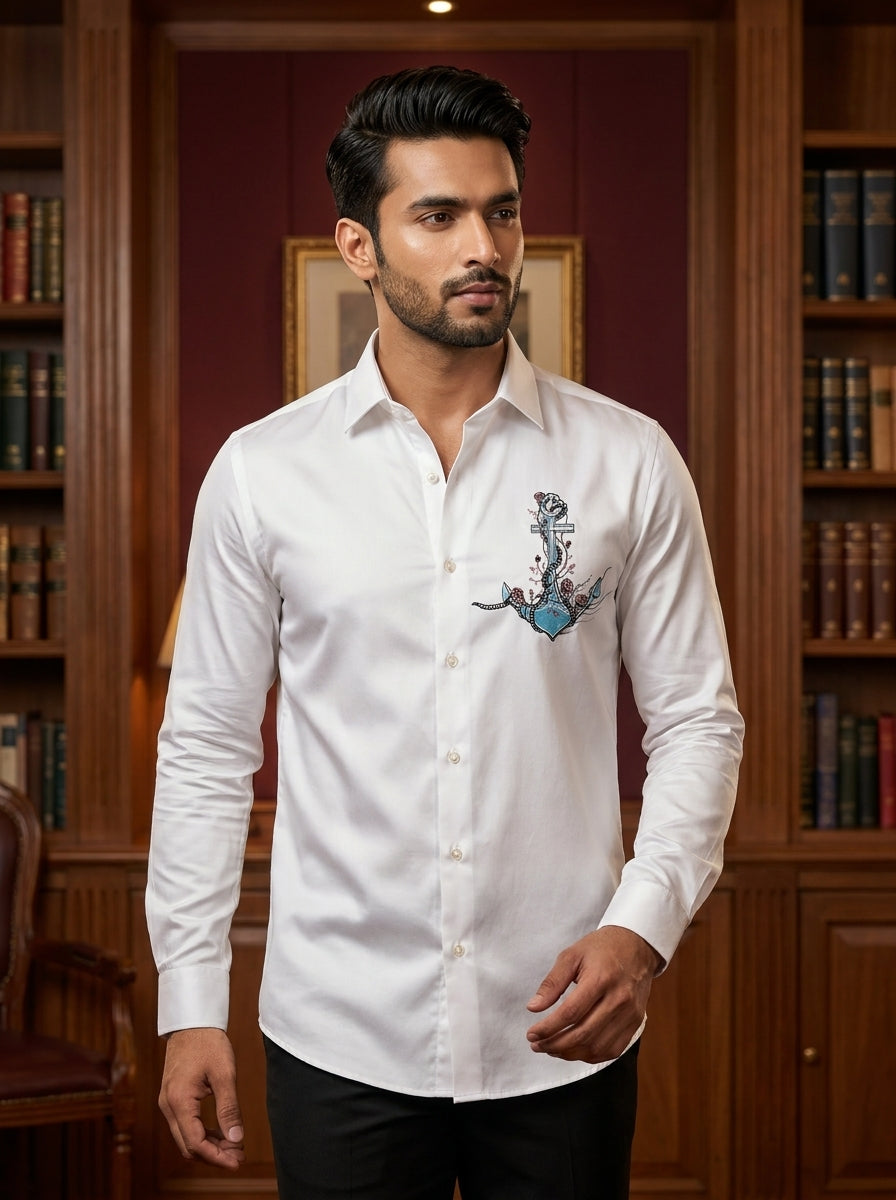 White Club Wear Printed Satin Cotton Shirt