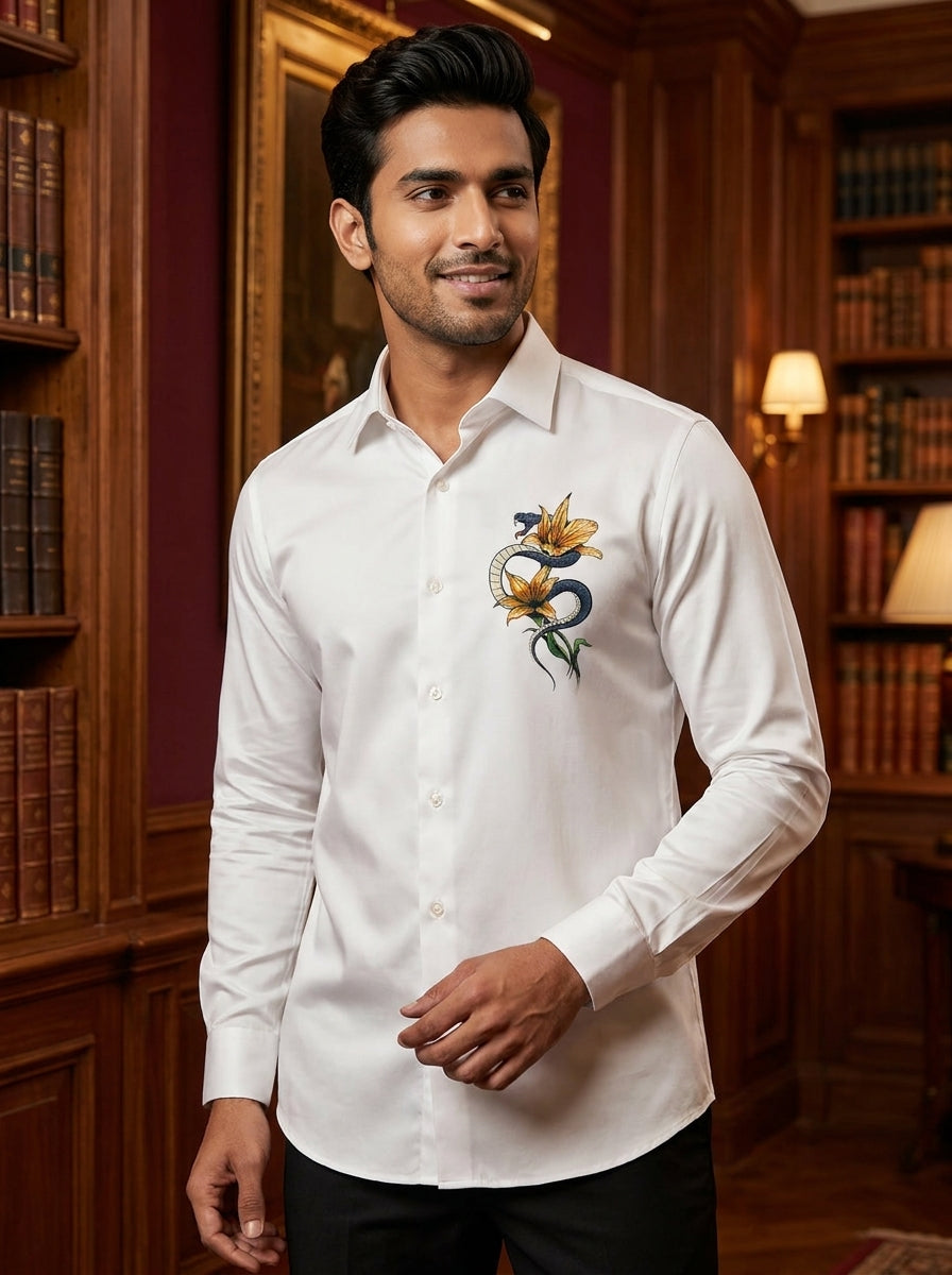 White Club Wear Printed Satin Cotton Shirt