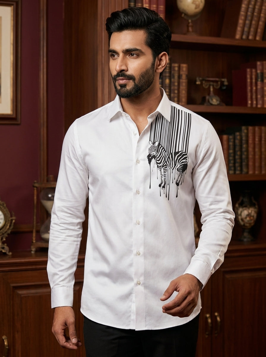 White Club Wear Printed Satin Cotton Shirt