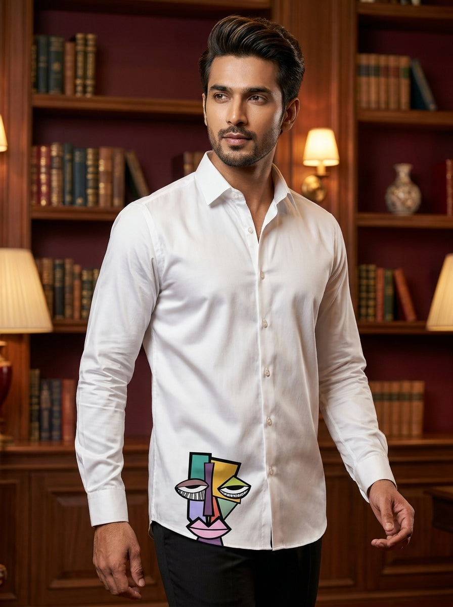 White Club Wear Printed Satin Cotton Shirt