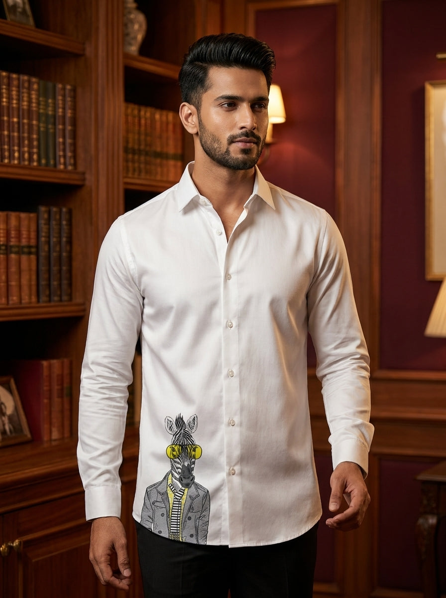 White Club Wear Printed Satin Cotton Shirt