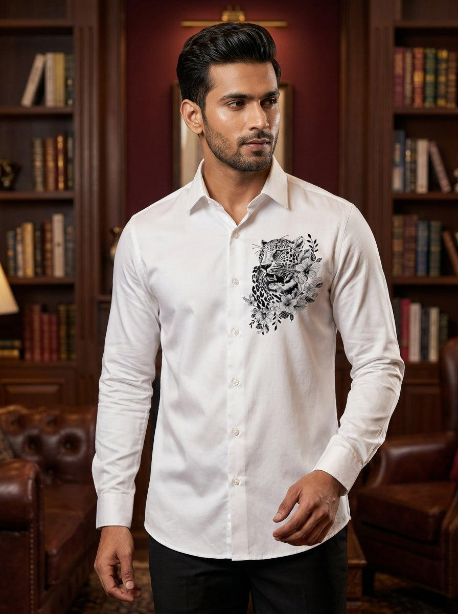 White Club Wear Printed Satin Cotton Shirt