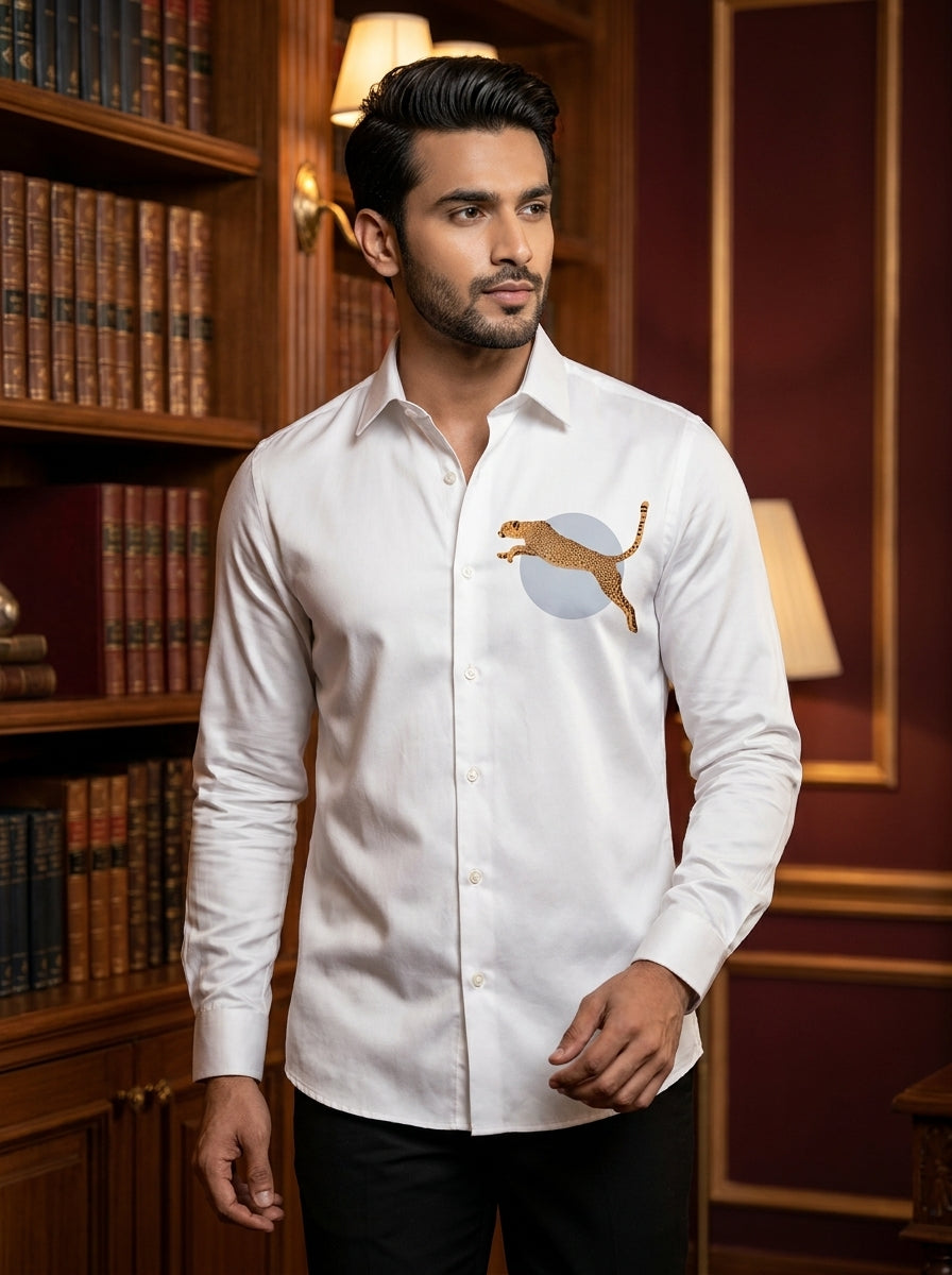 White Club Wear Printed Satin Cotton Shirt