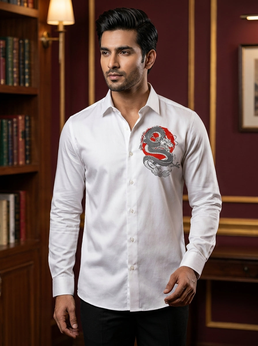 White Club Wear Printed Satin Cotton Shirt