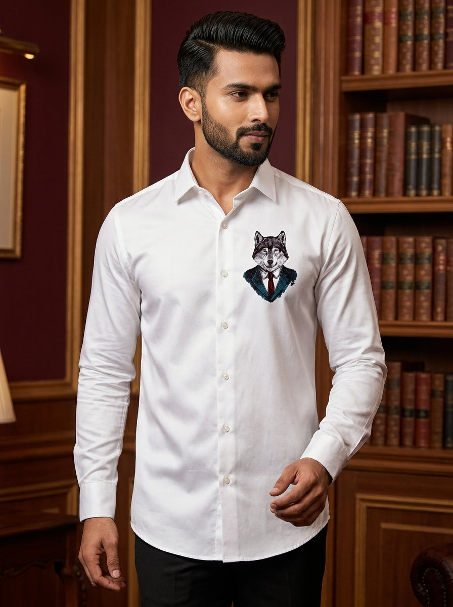 White Club Wear Printed Satin Cotton Shirt