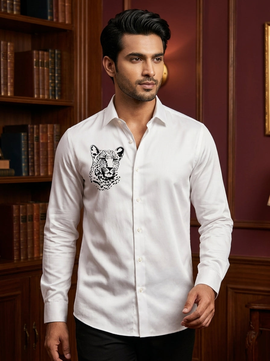 White Club Wear Printed Satin Cotton Shirt