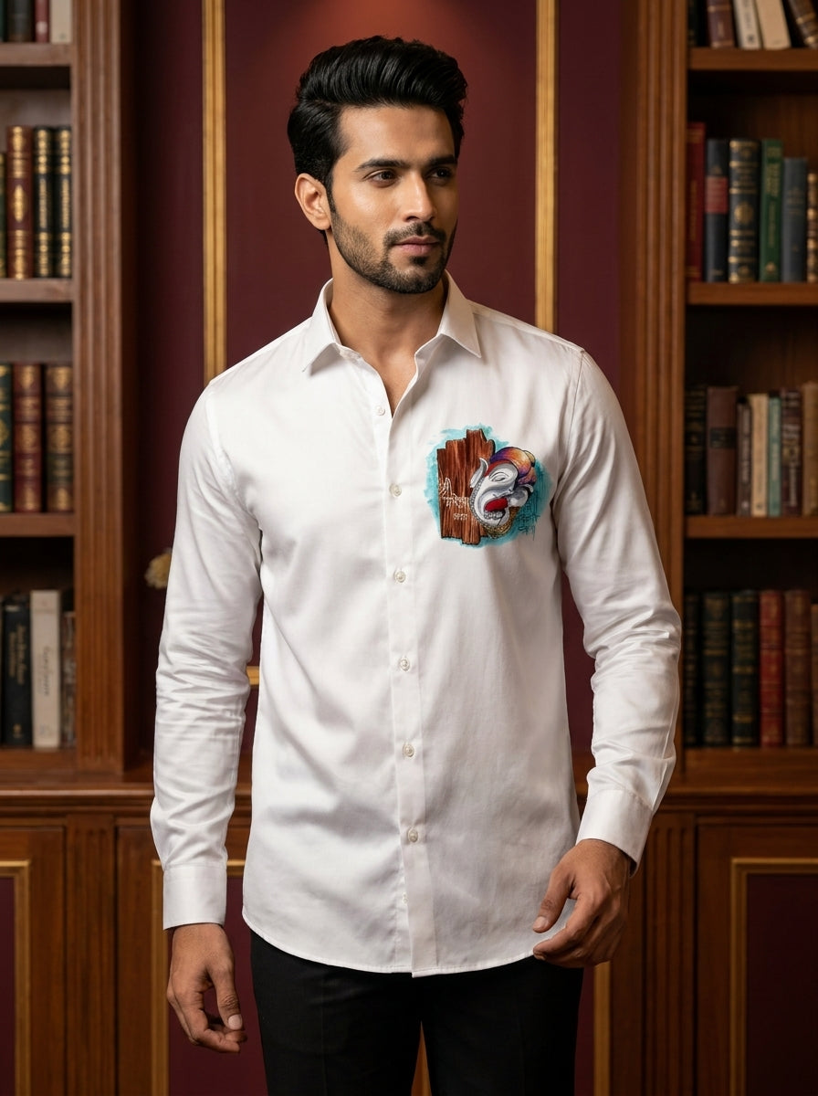 White Club Wear Printed Satin Cotton Shirt