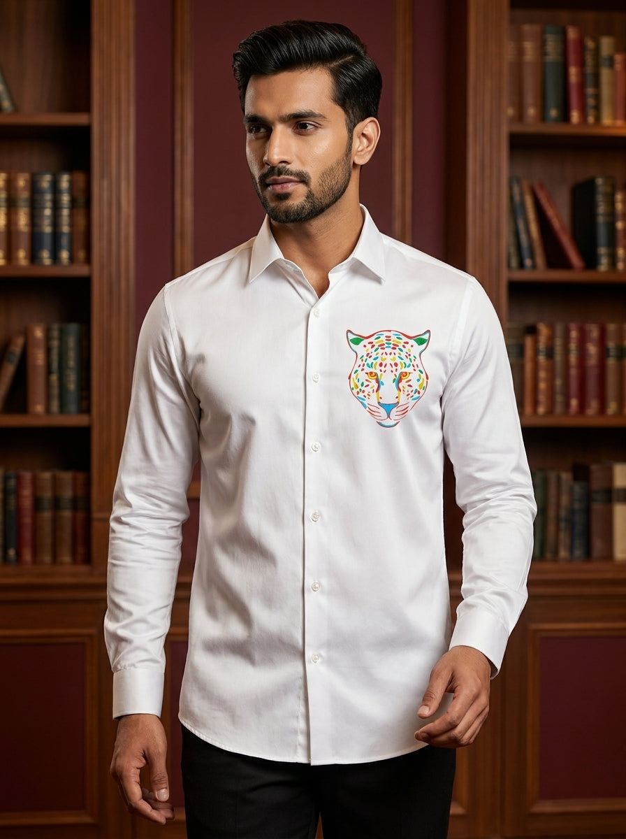 White Club Wear Printed Satin Cotton Shirt