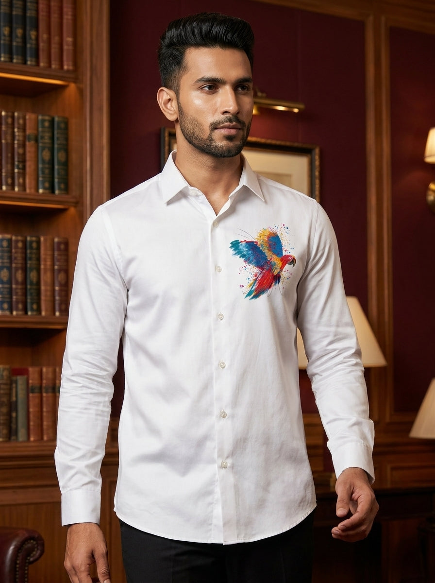 White Club Wear Printed Satin Cotton Shirt