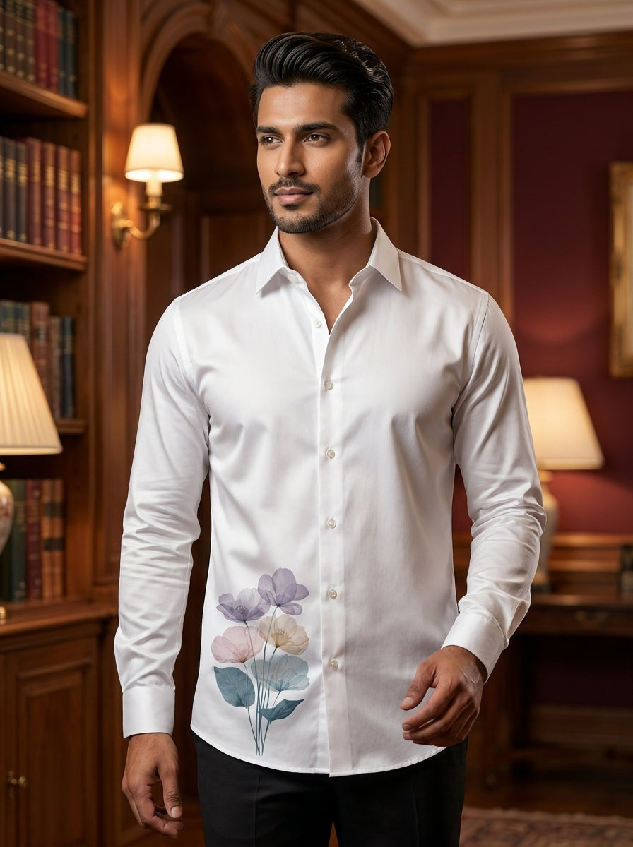 White Club Wear Printed Satin Cotton Shirt