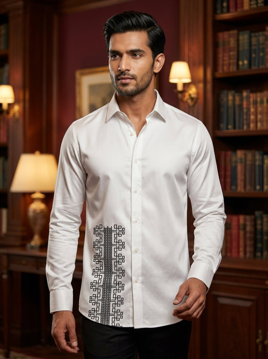White Club Wear Printed Satin Cotton Shirt