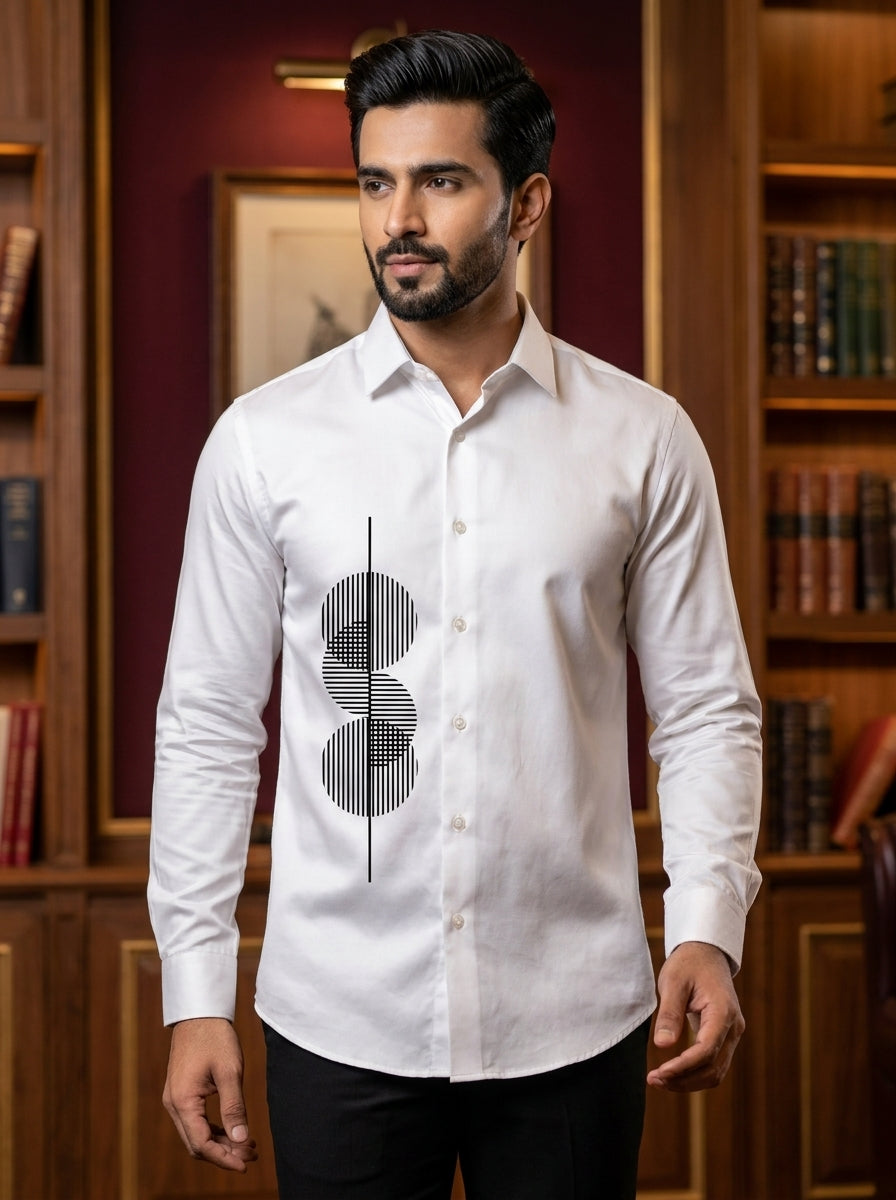 White Club Wear Printed Satin Cotton Shirt